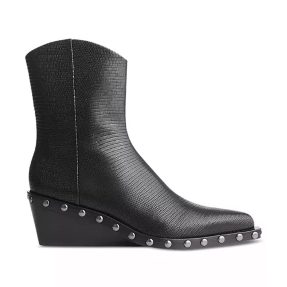 rag & bone Santiago Black Embossed Leather Studded Wedge Ankle Boots, sz 36.5